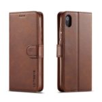LC.IMEEKE Cowhide Texture Leather Wallet Stand Phone Shell for Xiaomi Redmi 7A – Dark Brown