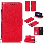 Lace Flower Imprinted Leather Wallet Stand Phone Casing Shell for OnePlus 7 Pro – Red