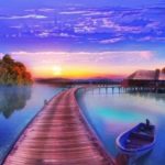 35*35cm DIY Diamond Painting Cabin Lake Boat Resin Purple Sky Bridge