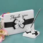 Satin Wedding Guset Signature Book and Pen Stand Set with White Black Bowknot Decoration