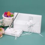 White Satin Ribbon Wedding Guset Signature Book and Pen Stand Set with Satin Flower Faux Pearls Decoration
