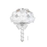18cm Handmade Wedding Brooch Rhinestone Bridal Bouquet Satin Rose Flower with Artificial Pearls Decorated for Bride Wedding Supplies–White