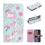 Light Spot Decor Patterned Leather Wallet Case for iPhone (2019) 6.1-inch – Unicorn and Stars