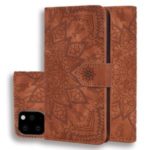 Imprint Mandala Flower Stand Wallet Leather Case Shell Cover for iPhone (2019) 6.1-inch – Brown