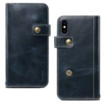 Oil Wax Genuine Leather Wallet Case with Finger Grip Holder for iPhone X/XS 5.8 inch – Blue