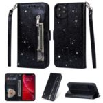 Flash Powder Zippered Stand Leather Wallet Cover with Strap for iPhone (2019) 6.5-inch – Black