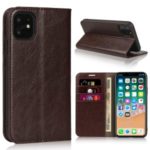 Crazy Horse Skin Genuine Leather Wallet Phone Case for iPhone 11 6.1 inch – Coffee