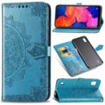 Embossed Mandala Flower Wallet Leather Case for Samsung Galaxy A10 – Blue