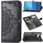 Embossed Mandala Flower Leather Wallet Case with Strap for Samsung Galaxy S10 – Black