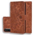 Imprint Mandala Flower Stand Wallet Leather Case Shell Cover for Samsung Galaxy A50 – Brown
