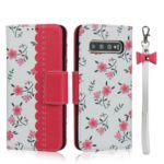 Flower Pattern Printing PU Leather + TPU Wallet Phone Case with Lanyard for Samsung Galaxy S10 Plus – Rose