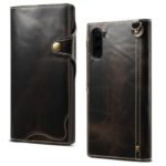 Oil Wax Genuine Leather Wallet Cell Shell Case for Samsung Galaxy Note 10 / Note 10 5G – Black