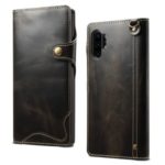 Oil Wax Genuine Leather Flip Mobile Cover for Samsung Galaxy Note 10 Plus / Note 10 Plus 5G – Black