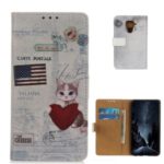 Pattern Printing Leather Wallet Case for Huawei Mate 30 Lite / nova 5i Pro – Cat Holding Heart and American Flag