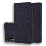 Imprint Mandala Flower Stand Wallet Leather Case Shell Cover for Huawei Y6 (2019, with Fingerprint Sensor) / Y6 Prime (2019) – Black