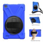 For Amazon New Fire (2019) X-Shape PC + TPU 360 Degree Rotary Kickstand Cover with Handstrap + Shoulder Strap – Blue