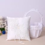 Wedding Decoration Supplies Set with Lace Flower Girl Basket and 7 x 7 inches White Satin Ring Bearer Pillow – White