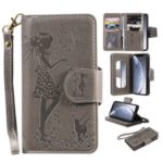Imprint Girl and Cat 9 Card Slots Leather Wallet Shell with Lanyard for iPhone 11 Pro Max 6.5 inch (2019) – Grey