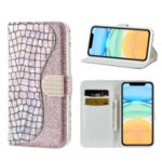 Crocodile Texture Glittery Powder Splicing Wallet Leather Cell Phone Case with Stand for iPhone 11 6.1 inch – Rose Gold