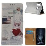 Printing Skin Leather Wallet Shell Case for Samsung Galaxy A20s – Cat Holding Heart and American Flag