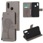 Imprint Tree Owl Leather Wallet Case for Samsung Galaxy A10s – Grey