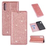 Flash Powder Leather Stand Case with Card Slot for Samsung Galaxy A50 – Rose Gold