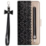 Lace Flower Pattern Zipper Pocket Leather Wallet Phone Cover with Bowknot Lanyard for Huawei P30 Pro – Black