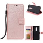 Imprint Flower and Cat Flip Leather Wallet Case for OnePlus 7 Pro – Rose Gold