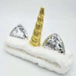 Sequins Headband Halloween Party Head Wear Coral Velvet Glitter Hair Band – White/Gold Horn