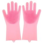 1 Pair Multifunctional Silicone Scrubbing Gloves Scrub Cleaning Gloves with Brush – Pink