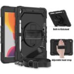 [Built-in Hand Holder Strap] 360° Swivel Kickstand PC + Silicone Tablet Combo Shell with Shoulder Strap for iPad 10.2 (2019) – All Black