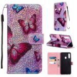 Pattern Printing Glitter Sequins Leather Wallet Case for Samsung Galaxy A20s – Butterfly