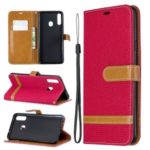Assorted Color Jeans Cloth Leather Wallet Stand Case for Samsung Galaxy A20s – Red