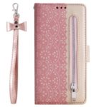 Lace Flower Pattern Zipper Pocket Leather Wallet Case for Xiaomi Redmi Note 8 – Pink