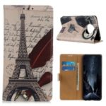 Pattern Printing PU Leather Wallet Stand Phone Case for OnePlus 7T – Eiffel Tower and Letters