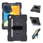 [Built-in Hand Strap] Rotating Kickstand PC + Thicken Silicone Tablet Hybrid Case with Shoulder Strap for iPad 9.7-inch (2018)/(2017)/iPad Pro (2016)/iPad Air 2 – All Black