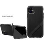 Carbon Fiber Texture Foldable Integrated Kickstand TPU PC Phone Cover for iPhone 11 6.1 inch – Black