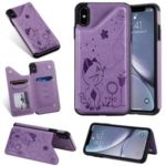 Imprint Cat and Bee Kickstand Card Holder PU Leather Coated TPU Cover for iPhone XS Max 6.5 inch – Purple