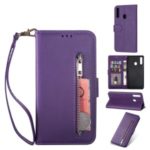 Zipper Pocket Leather Wallet Stand Case for Samsung Galaxy A20s – Purple
