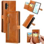 Zipper Pocket Wallet Stand Flip Leather Phone Cover for Samsung Galaxy Note 10 Plus/Note 10 Plus 5G – Light Brown