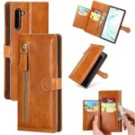 Zipper Pocket Wallet Stand Flip Leather Phone Case for Samsung Galaxy Note 10/Note 10 5G – Light Brown