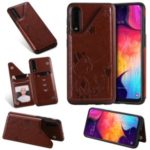Imprint Cat and Bee Kickstand Card Holder PU Leather Coated TPU Shell for Samsung Galaxy A50/A50s/ A30s – Brown