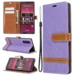 Bi-color Jeans Cloth Leather Wallet Case Shell for Sony Xperia 5 – Purple