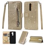 Glitter Powder Zippered Leather Wallet Case with Strap for Xiaomi Redmi Note 8 Pro – Gold