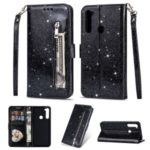 Shiny Sparkle Glitter Powder Zippered Stand Leather Shell with Strap for Xiaomi Redmi Note 8 – Black