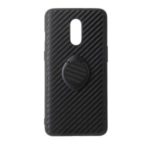 Phone Shell PU Leather+TPU with Kickstand Casing for OnePlus 7 – Black Carbon Fiber Texture