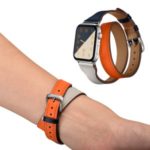 Bi-colored Dual-circle Design Genuine Leather Replacement Watch Strap for Apple Watch Series 1/2/3 42mm / Series 4/5 44mm – Orange+Dark Blue+White