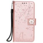 Rhinestone Decor Imprint Sakura Cat Leather Wallet Case for iPhone 11 Pro Max 6.5 inch – Rose Gold