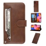 Zipper Pocket Wallet Stand Flip Leather Phone Protective Cover for Samsung Galaxy A20s – Brown