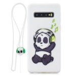 Candy Color TPU Printing Case+Silicone Strap for Samsung Galaxy S10 Plus – White/Panda Listening Music